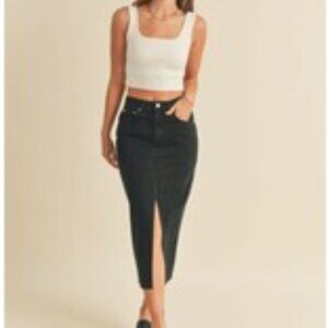 Miou Muse Midi Slit Black Denim Pencil Skirt